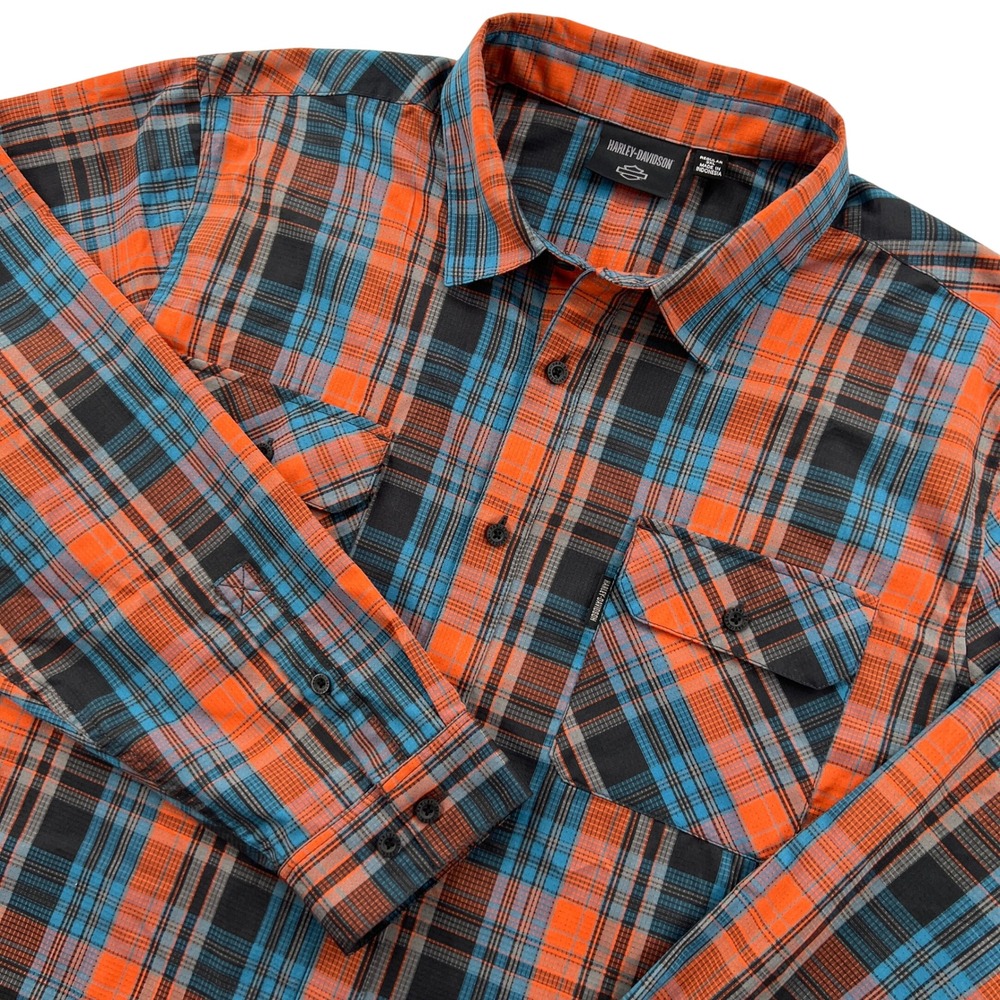 Harley-Davidson Staple Performance Plaid Long Sleeve Shirt Mens 3XL Orange Biker